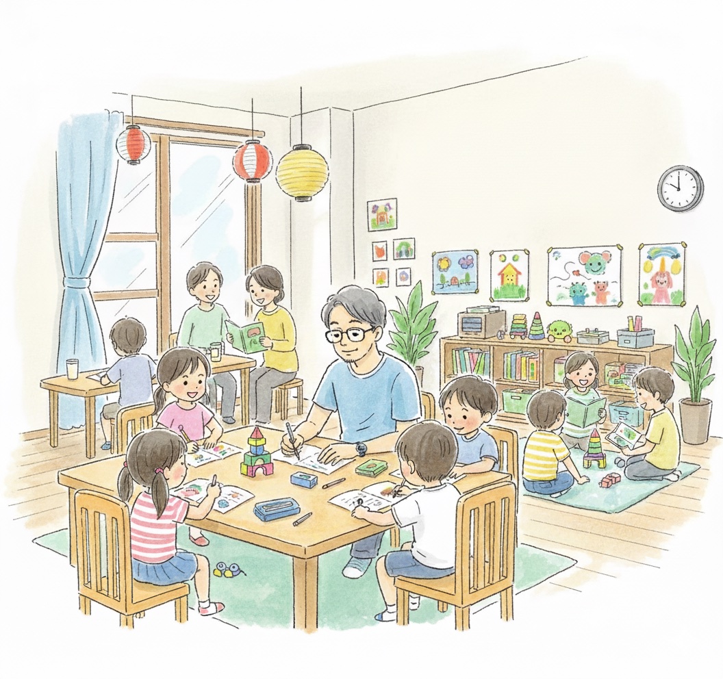 子どもたちと大人が同じ部屋で、絵を描いたり本を読んだりして過ごしている様子